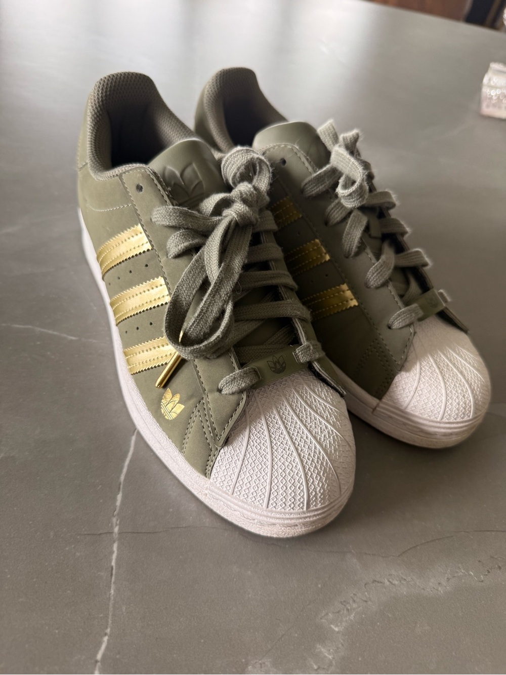 adidas Kids Olive Green Sneakers with Gold Stripes